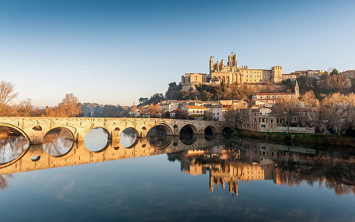reflection, river, architecture, castle, bridge