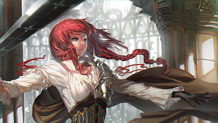 female with red hair anime character, knight, sword, redhead