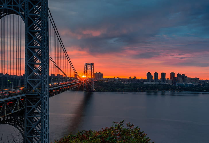 road, sunset, river, view, New York, Manhattan, New York City, HD wallpaper