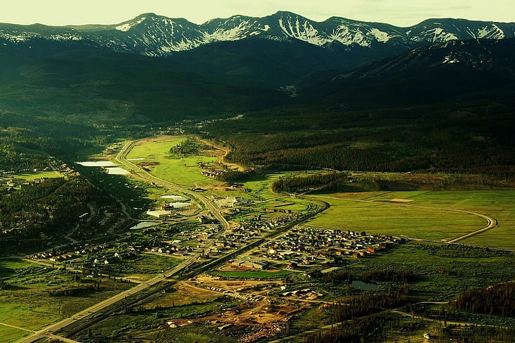 aerial photography of town with mountain range, nature, landscape