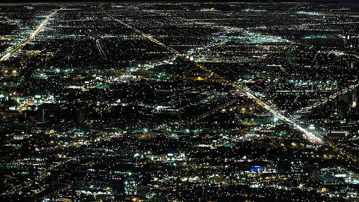aerial view of cityscape, lights, night, full frame, illuminated
