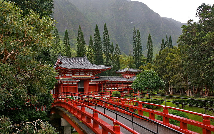red torii gate, japan, bridge, trees, mountains, architecture