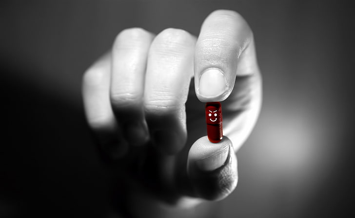 Evil Pill, red capsule, Funny, human hand, human body part, finger, HD wallpaper