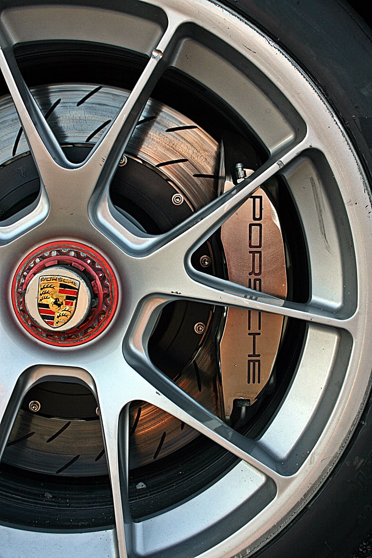 gray Porsche spoked vehicle wheel, car, race cars, street, road