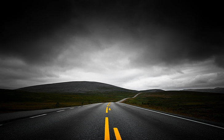 grey concrete road, nature, landscape, highway, dark, clouds