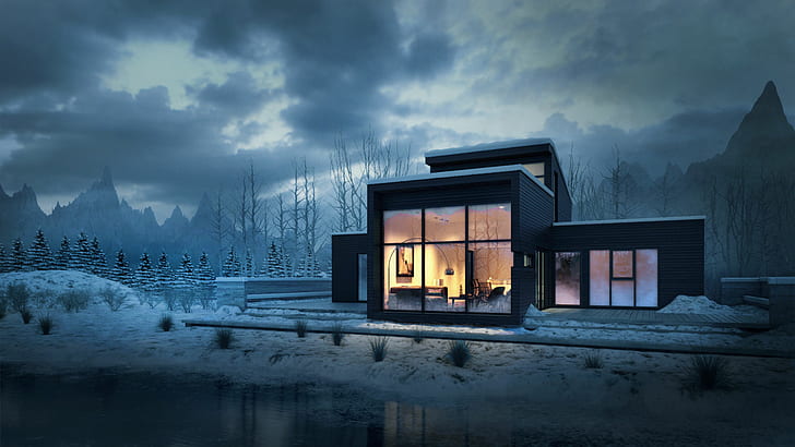 1920x1080 px architecture clouds house lake landscape Lights Modern mountains nature Pine Trees snow Entertainment Other HD Art, HD wallpaper