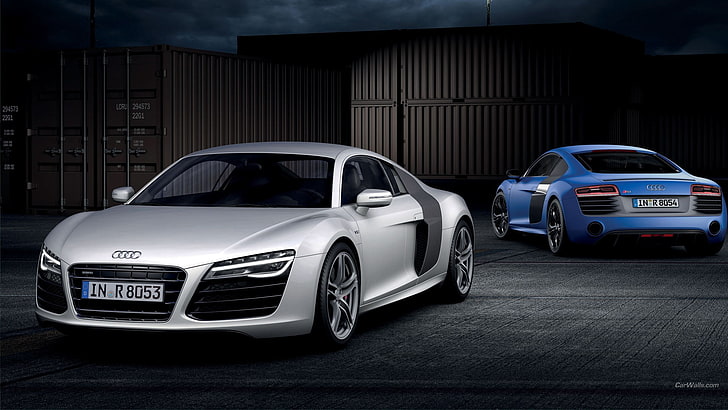 silver Audi coupe, Audi R8, car, blue cars, silver cars, vehicle, HD wallpaper