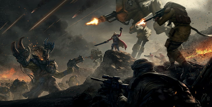 Warhammer, Warhammer 40, 000, artwork, orks, battle, gun, futuristic HD wallpaper