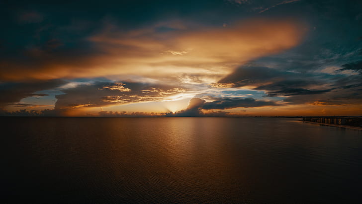 horizon, sea, seascape, sunset, afterglow, calm, dusk, evening, HD wallpaper