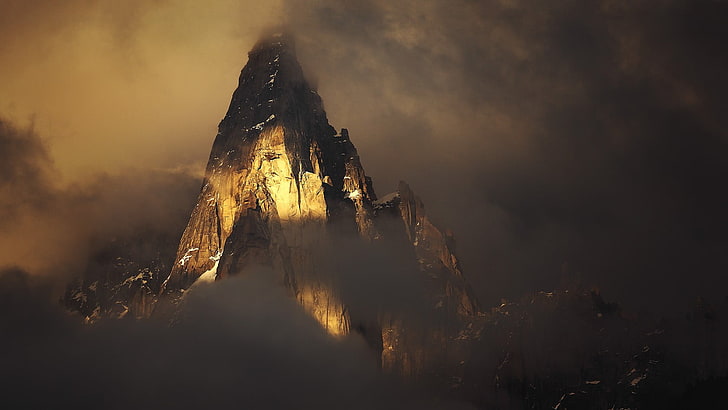 brown mountain, Alps, France, mountains, clouds, snowy peak, morning