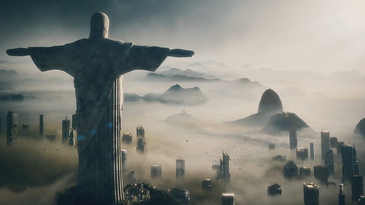 Rio de Janeiro Christ the Redeemer Future Civilization: Beyond Earth Fog Mist Buildings Skyscrapers HD