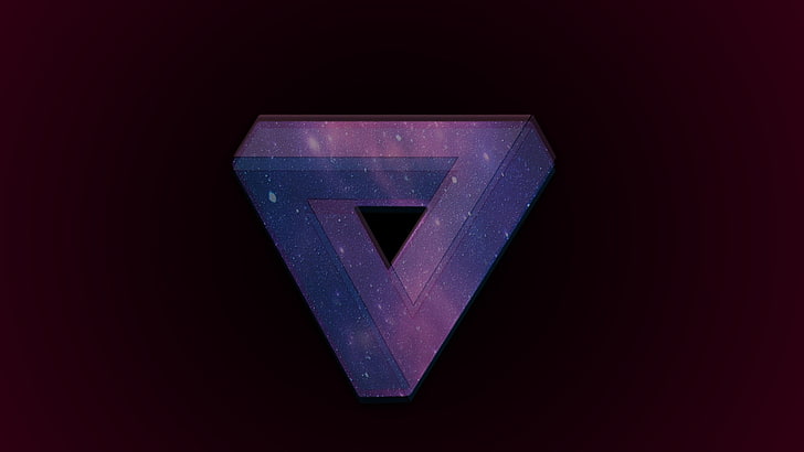 purple and pink triangle logo, space, Penrose triangle, 3D, indoors, HD wallpaper