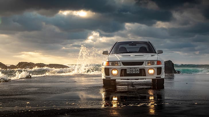 beach, waves, Mitsubishi Lancer Evo V, Headlights, frontal view