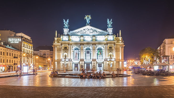 the evening, lights, fountain, Ukraine, street, Lions, Lviv theatre of Opera and ballet, HD wallpaper