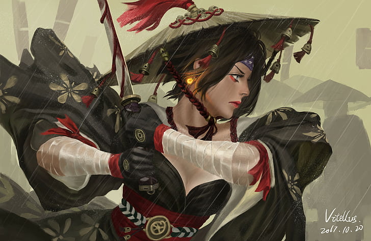 GUWEIZ, samurai, katana, digital art, fantasy girl, warrior, HD wallpaper