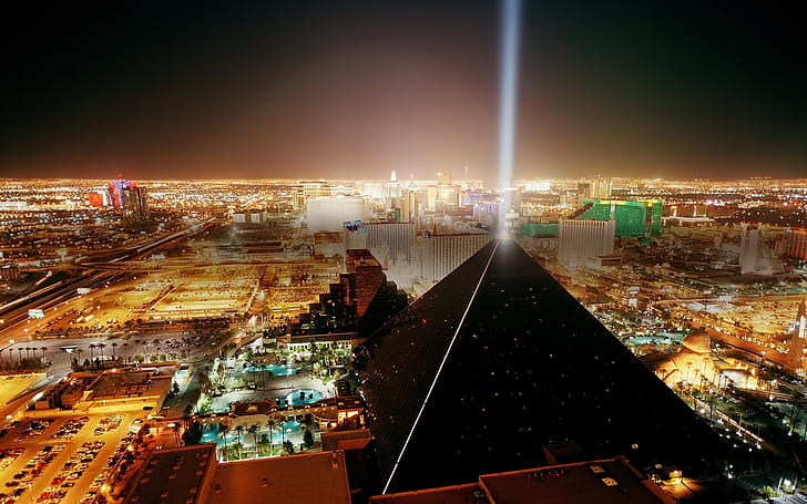 cityscape, building, HDR, lights, Las Vegas, USA, pyramid, spotlights, HD wallpaper