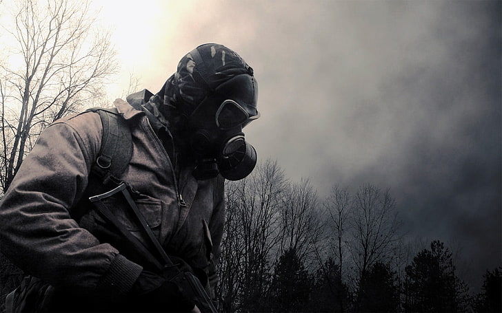 man wearing gas mask and brown suit, war, venetian masks, gas masks