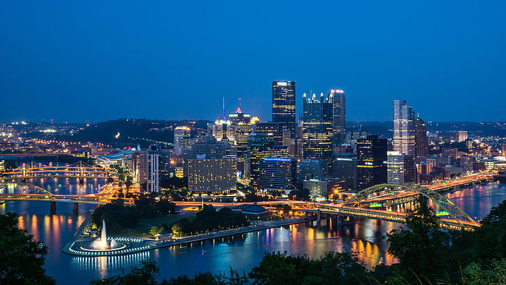 lighted city at night time, pittsburgh, pittsburgh, Twilight