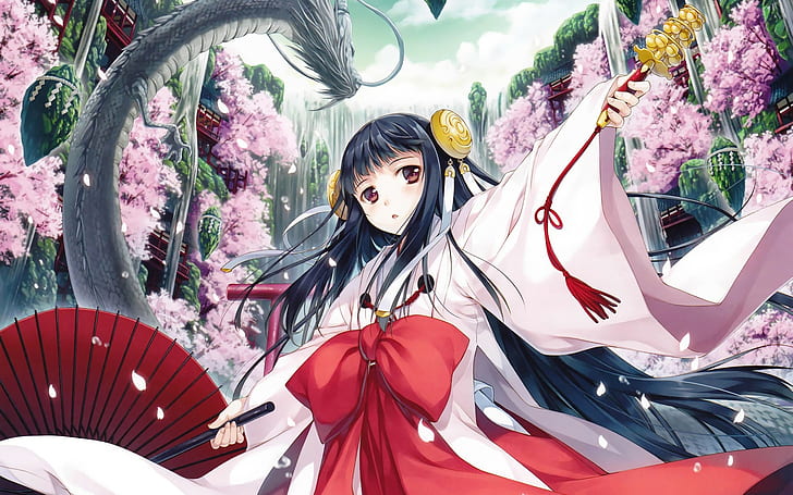 HD wallpaper: anime, miko, dragon, cherry blossom, anime girls, original  characters | Wallpaper Flare