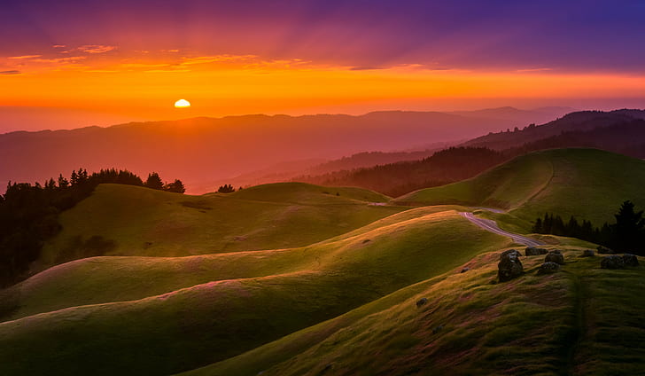 grass covered mountain, Mt, Tam, Sunset, landscape, hdr, nature
