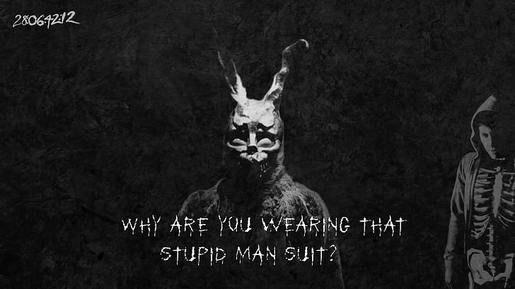 demon illustration with text overlay, Donnie Darko, questions, HD wallpaper
