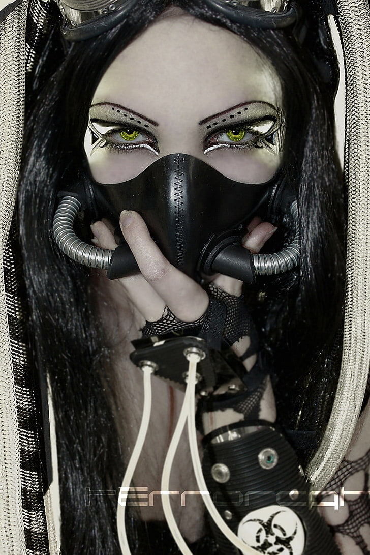 woman wearing mask illustration, cyberpunk, gas masks, green eyes