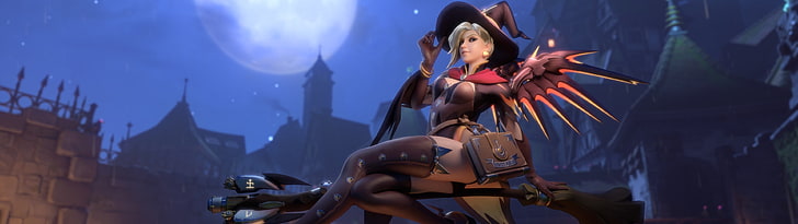 female anime character, Mercy (Overwatch), Halloween, witch, Witch Mercy