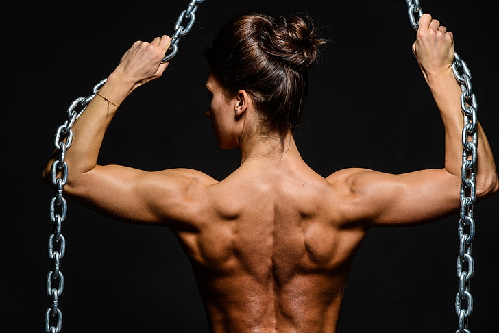 silver chain, woman, muscle, back, fitness, chains, bodybuilder, HD wallpaper