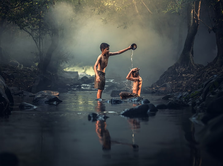 Bathing in a Creek, Asia, Thailand, Travel, Nature, People, Summer