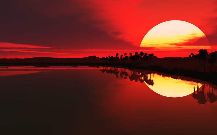 Sunset Ocean Tropical Red Landscape HD, nature