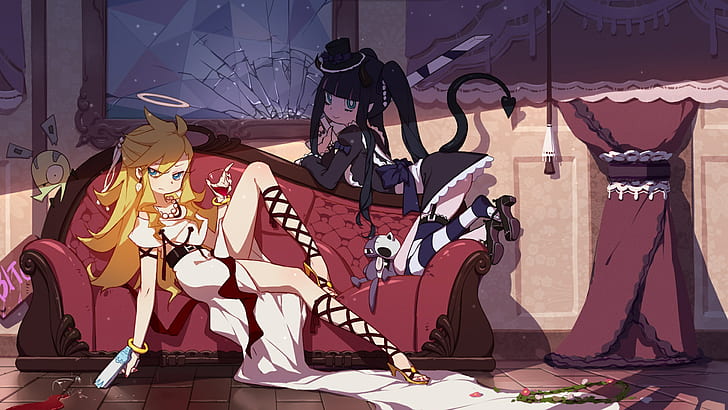 anime, comic art, anime girls, legs, couch, long hair, Panty and Stocking with Garterbelt