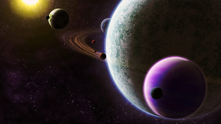 illustration of planets, space, planetary rings, space art, digital art