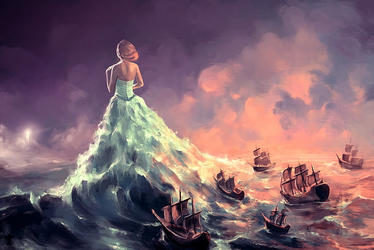 woman wearing sea as dress painting, fantasy art, artwork, digital art, HD wallpaper