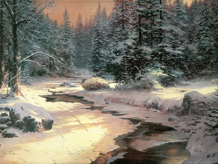 green pine trees beside the river painting, landscape, art, winter