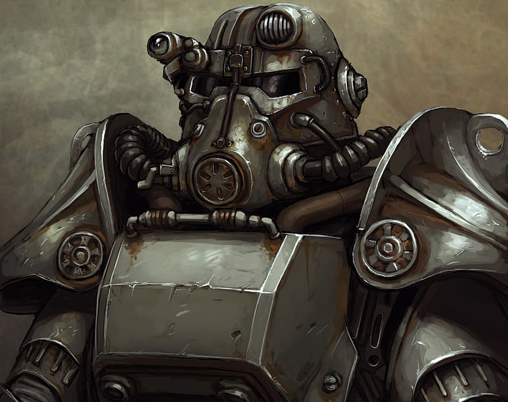 grey robot illustration, helmet, armor, fallout, art, Bethesda Softworks, HD wallpaper