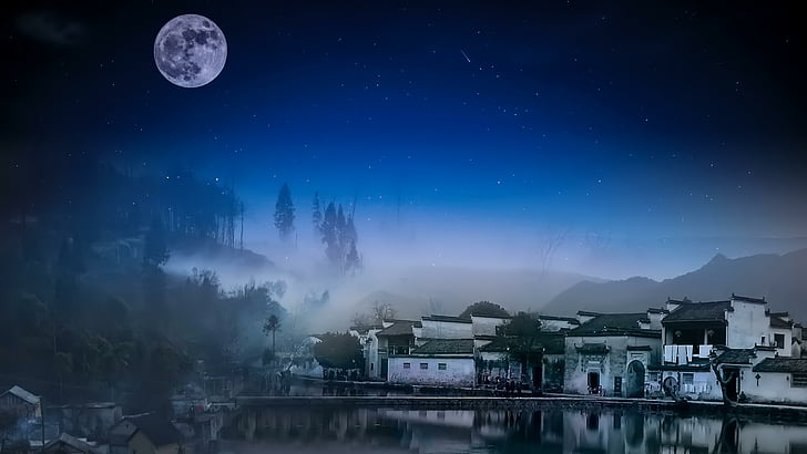 village, full moon, yixian, yi county, huangshan, anhui, china, HD wallpaper