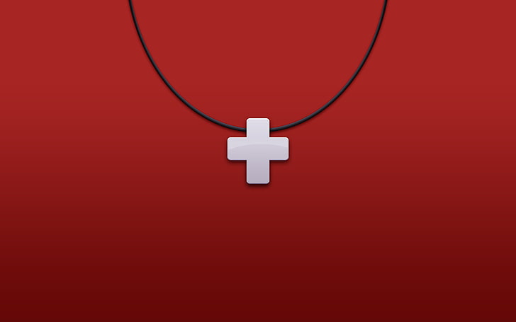 silver-colored cross pendant necklace, digital art, red background, HD wallpaper