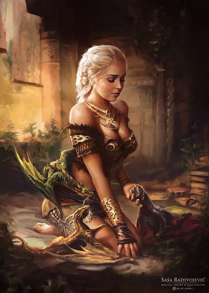 Game of Thrones, Daenerys Targaryen, dragon, artwork, fantasy art