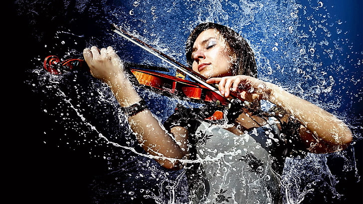 women, music, violin, water, rain, liquid, wet, closed eyes