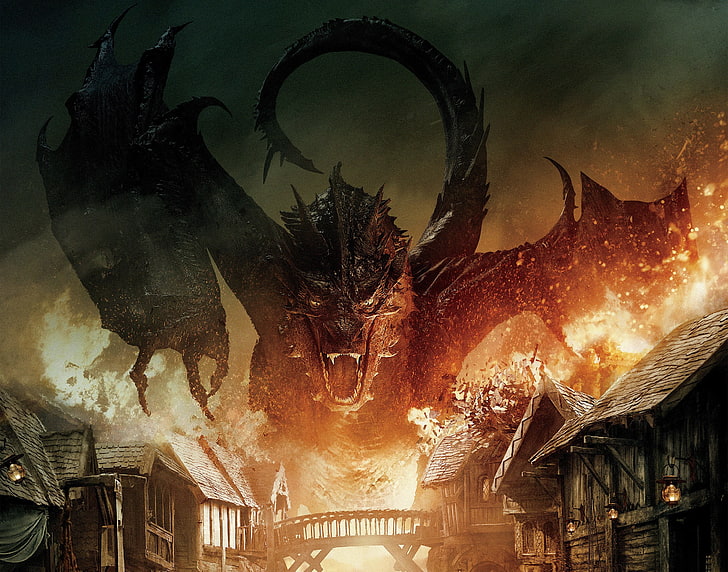 illustration of black dragon, Smaug, The Hobbit: The Battle of the Five Armies