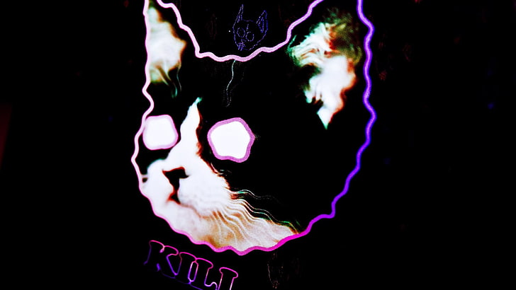 black and purple cat wallpaper, drawing, neon, face, light, backgrounds
