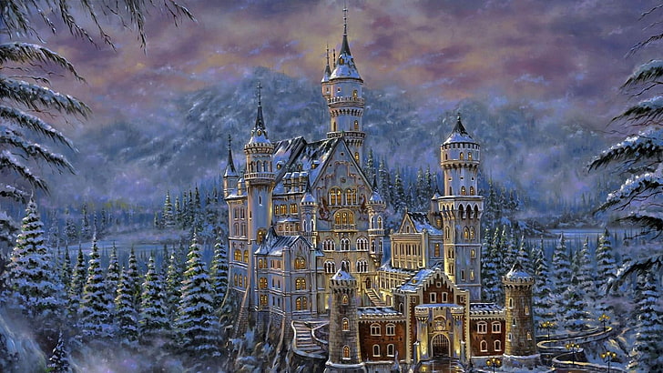 fairy, castle, winter, painting, forest, snow, snowy, artwork