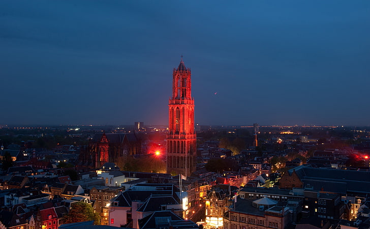 Dom Tower At Night, Dom Tower of Utrecht, Europe, Netherlands, HD wallpaper