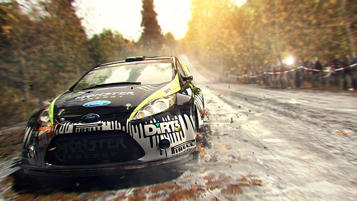 black and green car, dirt showdown, road, forest, speed, sports Car