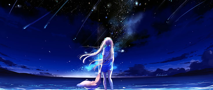 HD wallpaper: anime, night, anime girls, stars, water, ultra-wide, long ...