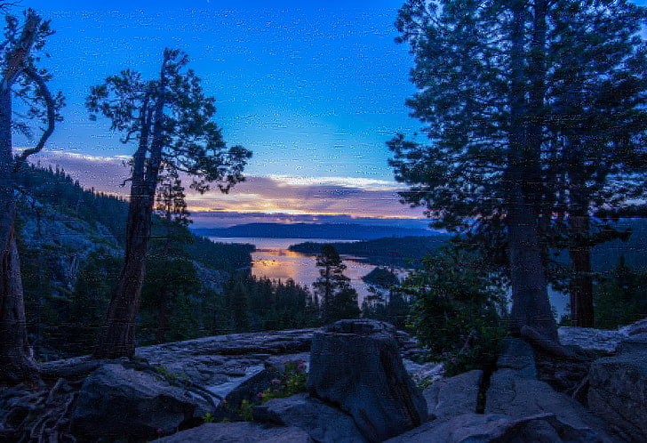 trees, mountains, lake, sunrise, dawn, CA, Nevada, California, HD wallpaper