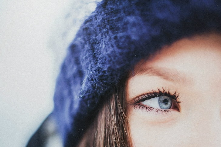 closeup, women, hat, woolly hat, blue eyes, one person, human body part