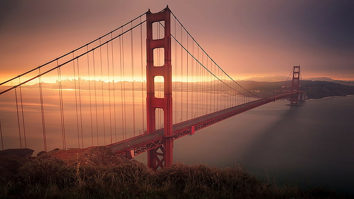 brown wooden bed frame with white mattress, bridge, Golden Gate Bridge