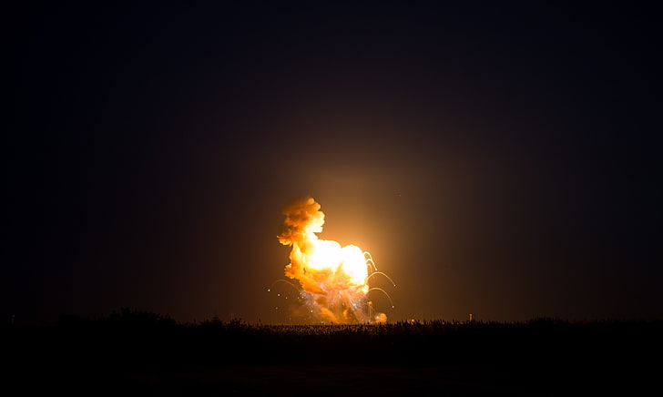 launching, launch pads, OrbitalATK, Antares, night, sky, burning, HD wallpaper