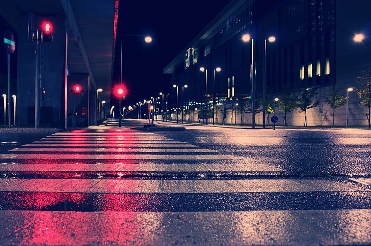 macro shot of pedestrian lane, city, night, lights, street, illuminated